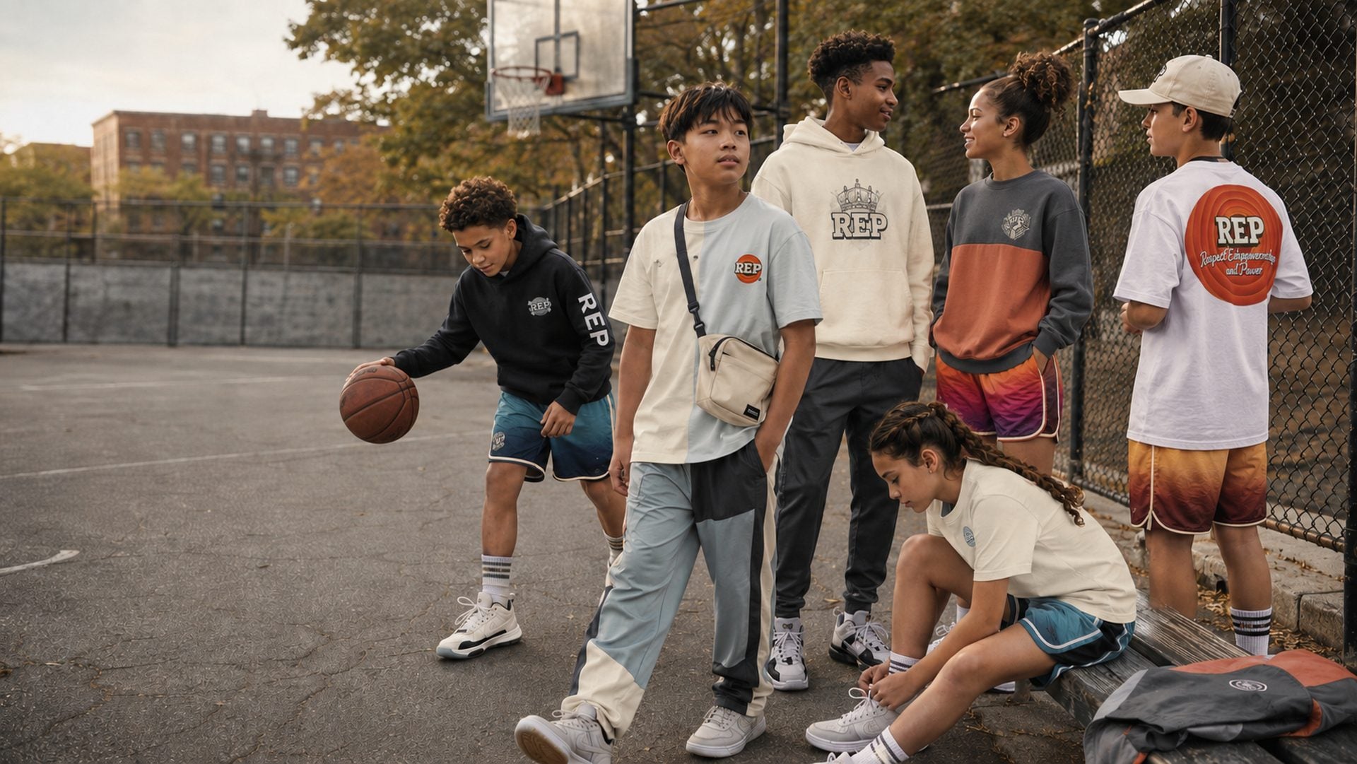 The REP crew in the first collection on a city basketball court at golden hour